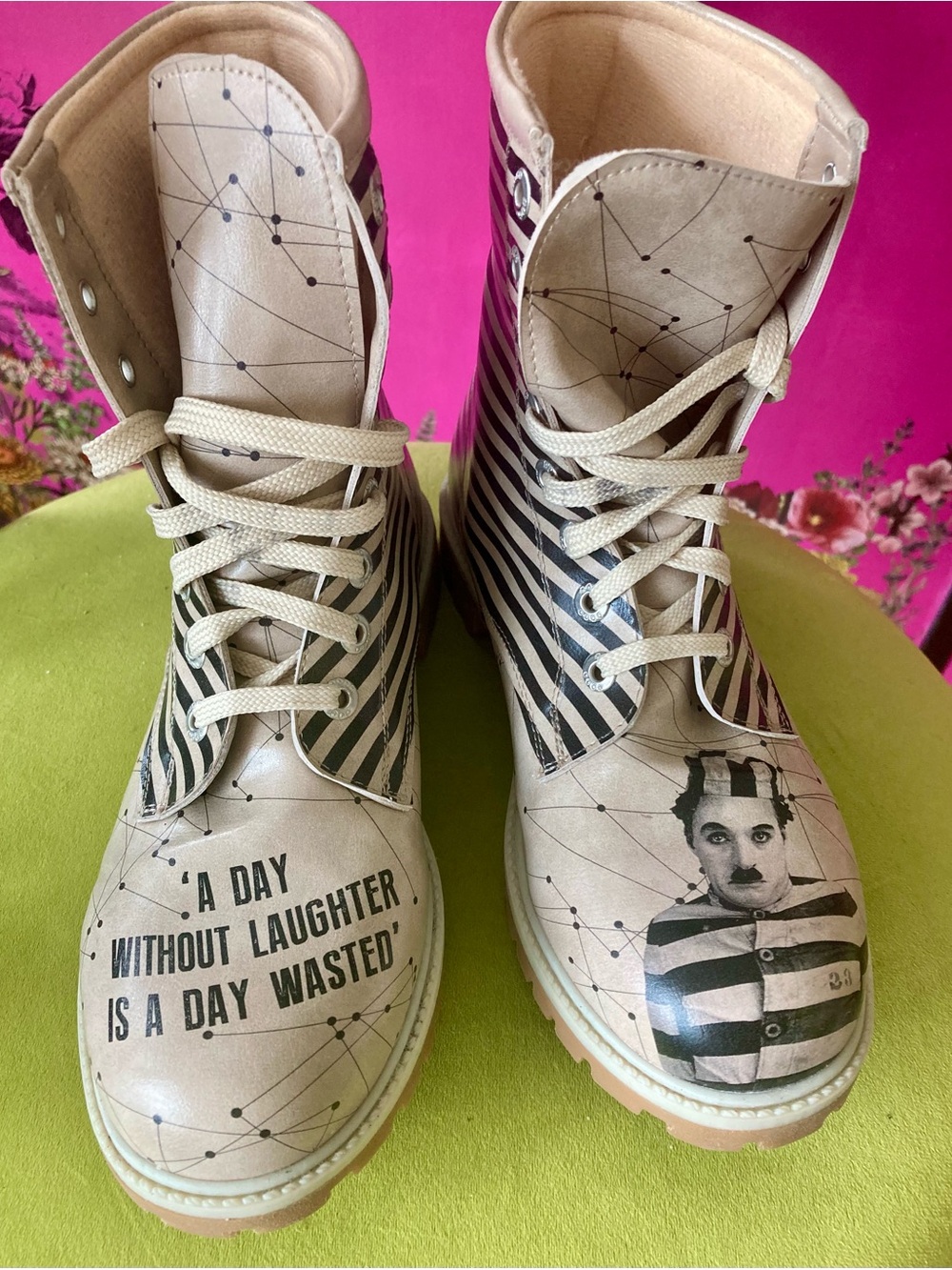 Women’s size 37 (6.5) Graphic Lace-Up Kids Boots with Inspirational Quote